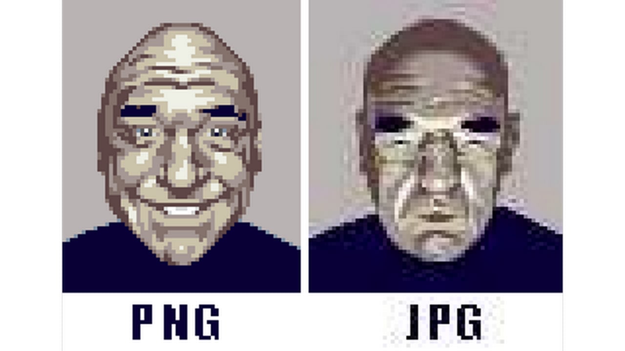 Сравнение пиксельного лица PNG и JPG Сравнение пиксельного лица, выполненного в форматах PNG и JPG, показывающее деградацию качества в JPG.