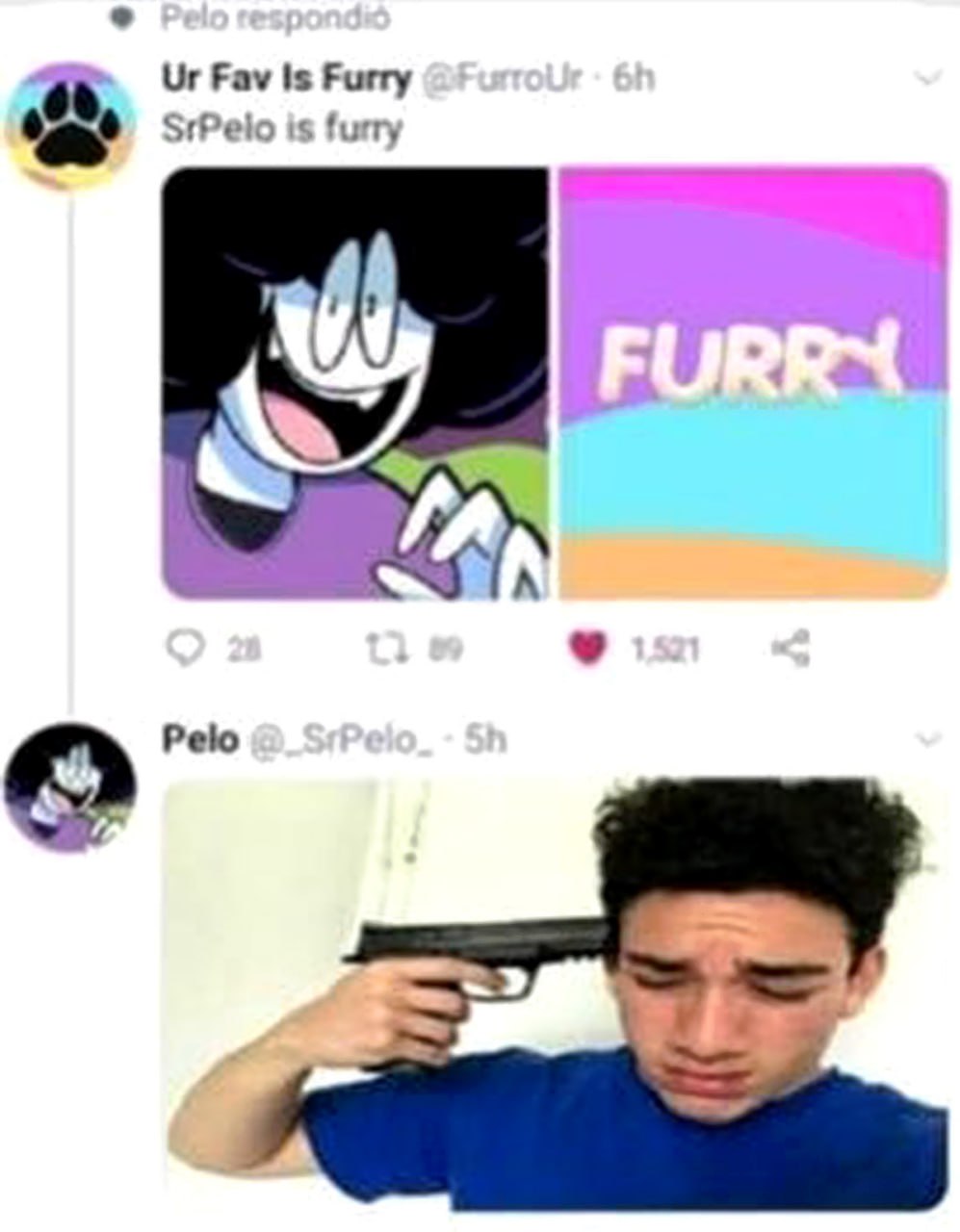 SrPelo is furry пистолет Мем с SrPelo, который держит пистолет у виска после того, как кто-то назвал его фурри