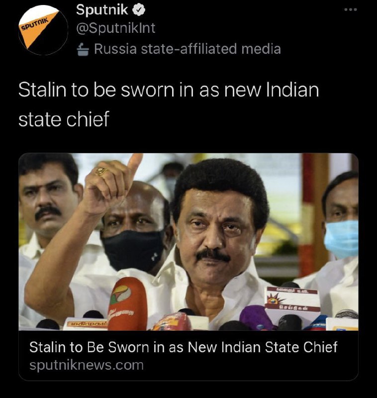 Сталин стал новым главой индийского штата Мем про новость от Sputnik о том, что Сталин будет приведен к присяге в качестве нового главы индийского штата