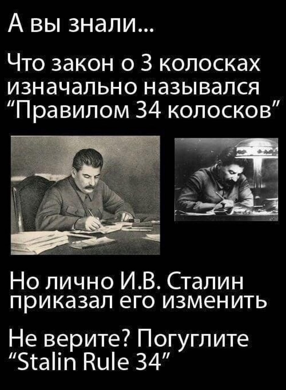 Правило 34 колосков Мем с текстом "А вы знали, что закон о 3 колосках изначально назывался Правилом 34 колосков" и фотографиями Сталина.