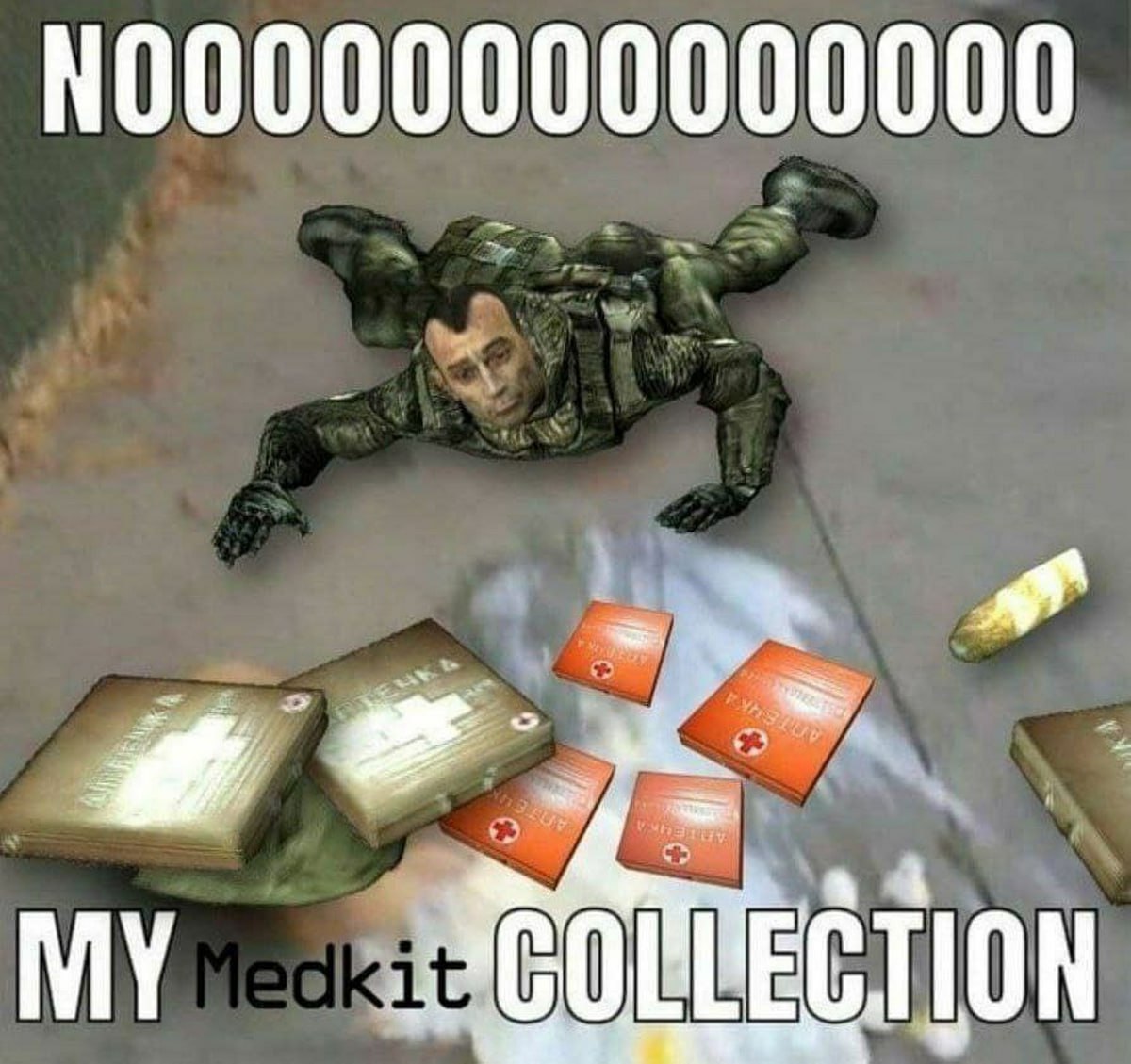 S.T.A.L.K.E.R. My Medkit Collection Персонаж из S.T.A.L.K.E.R. отчаянно смотрит на свои разбросанные аптечки, крича «Nooooooo» и жалуясь на «My Medkit Collection».