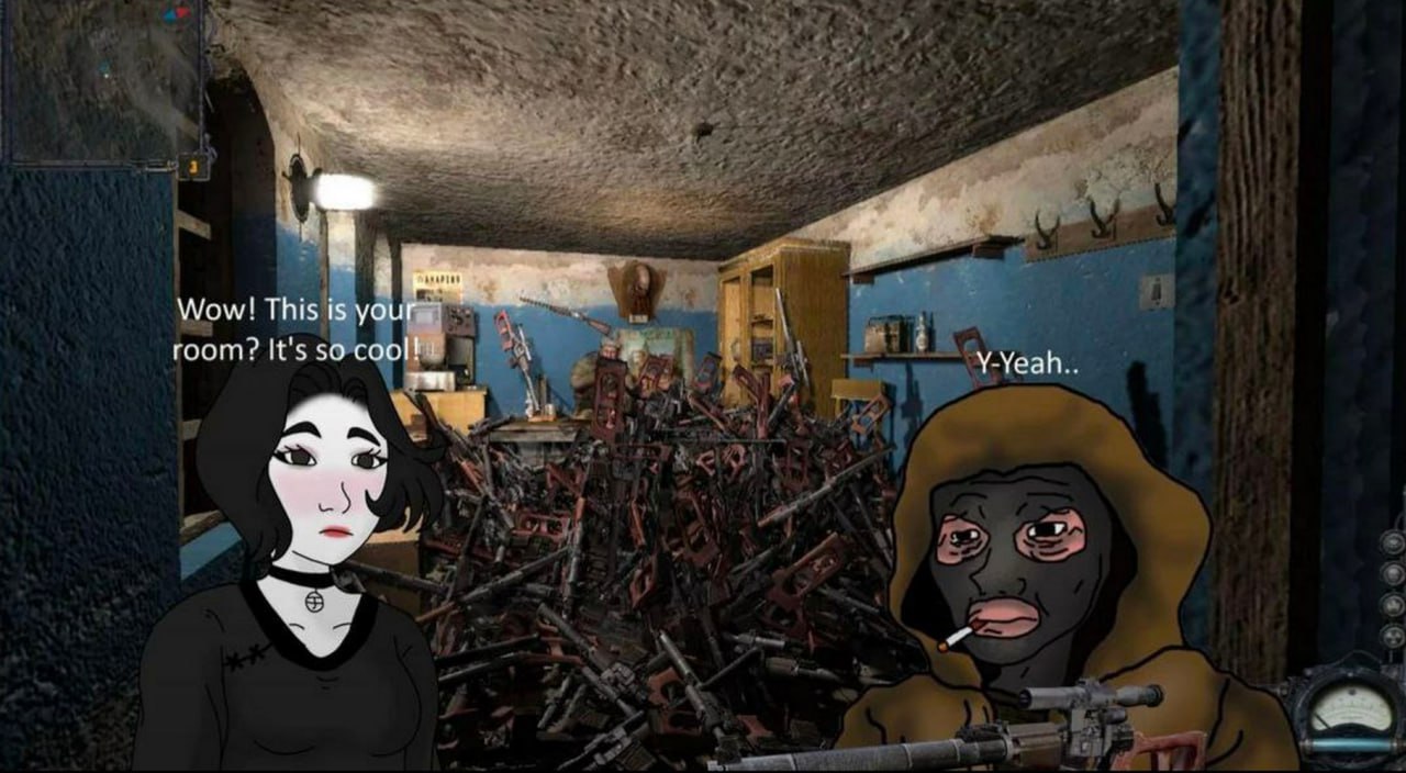 Stalker wojak и комната, полная автоматов Мем с девушкой, которая удивляется комнате, полной автоматов, и смущенным сталкером-вояком.