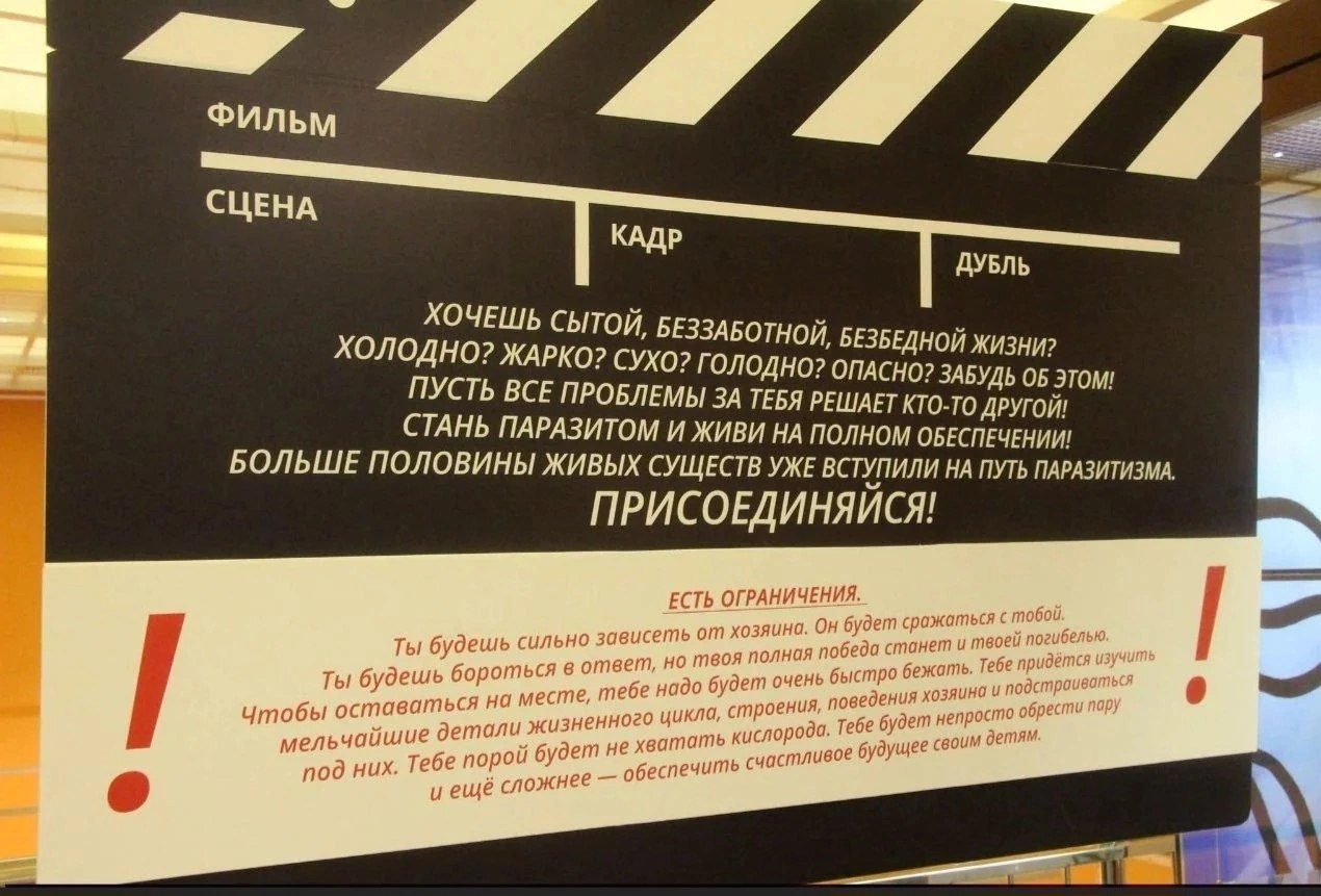 Стилизованная под кинохлопушку табличка с текстом про паразитизм: вверху его рекламируют как лёгкую жизнь, а внизу перечисляют ограничения.