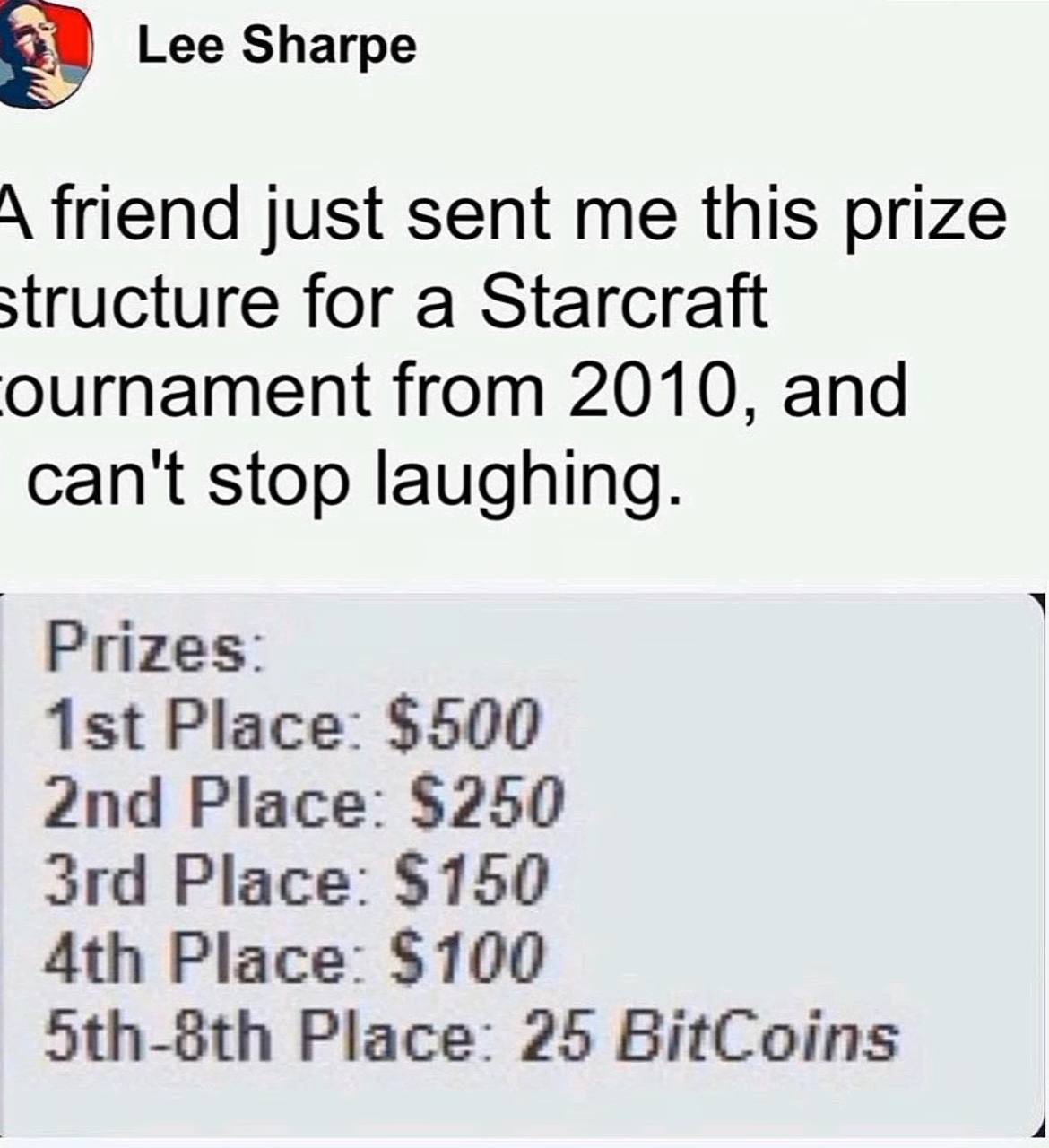 Призовой фонд Starcraft с биткоинами Мем, где показан призовой фонд турнира по Starcraft 2010 года, где за 5-8 места давали 25 биткоинов, которые сейчас стоят очень дорого.
