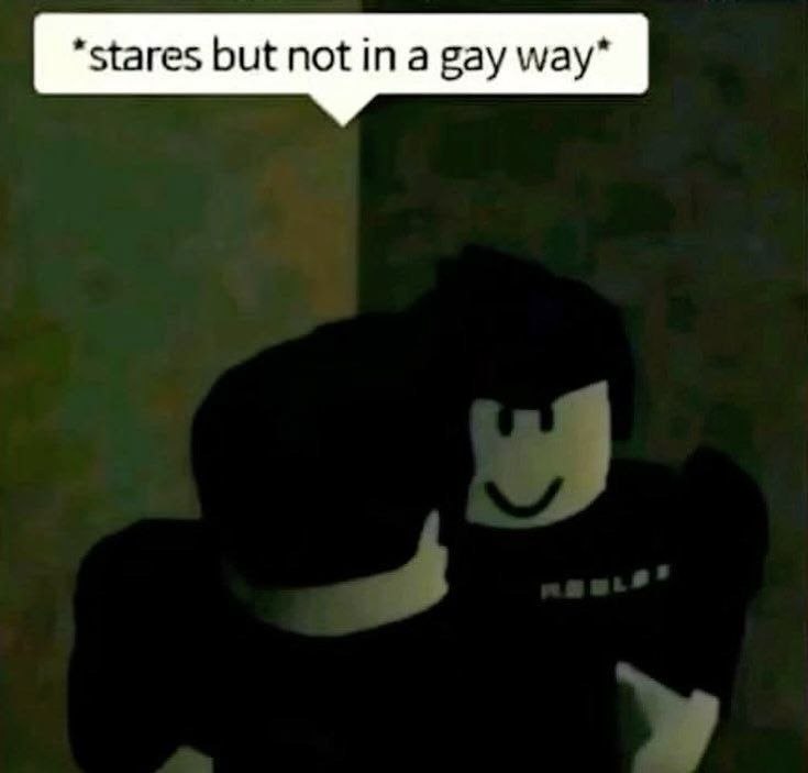 Персонаж Roblox пристально смотрит на другого, делая вид, что это «не в гейском смысле».