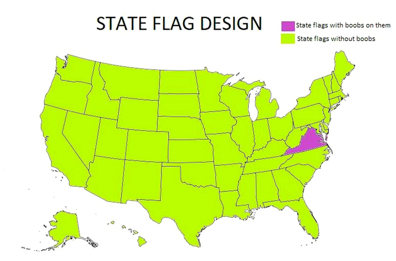 State flag design Карта США с пометками о флагах штатов, на которых изображена грудь