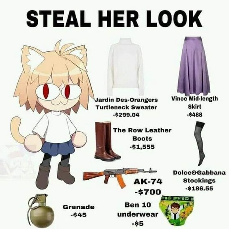 Steal her look Neco-Arc Мем «Steal her look» с персонажем Неко-Арк и ее «образом» из различных предметов одежды, оружия и аксессуаров, включая АК-74 и гранату