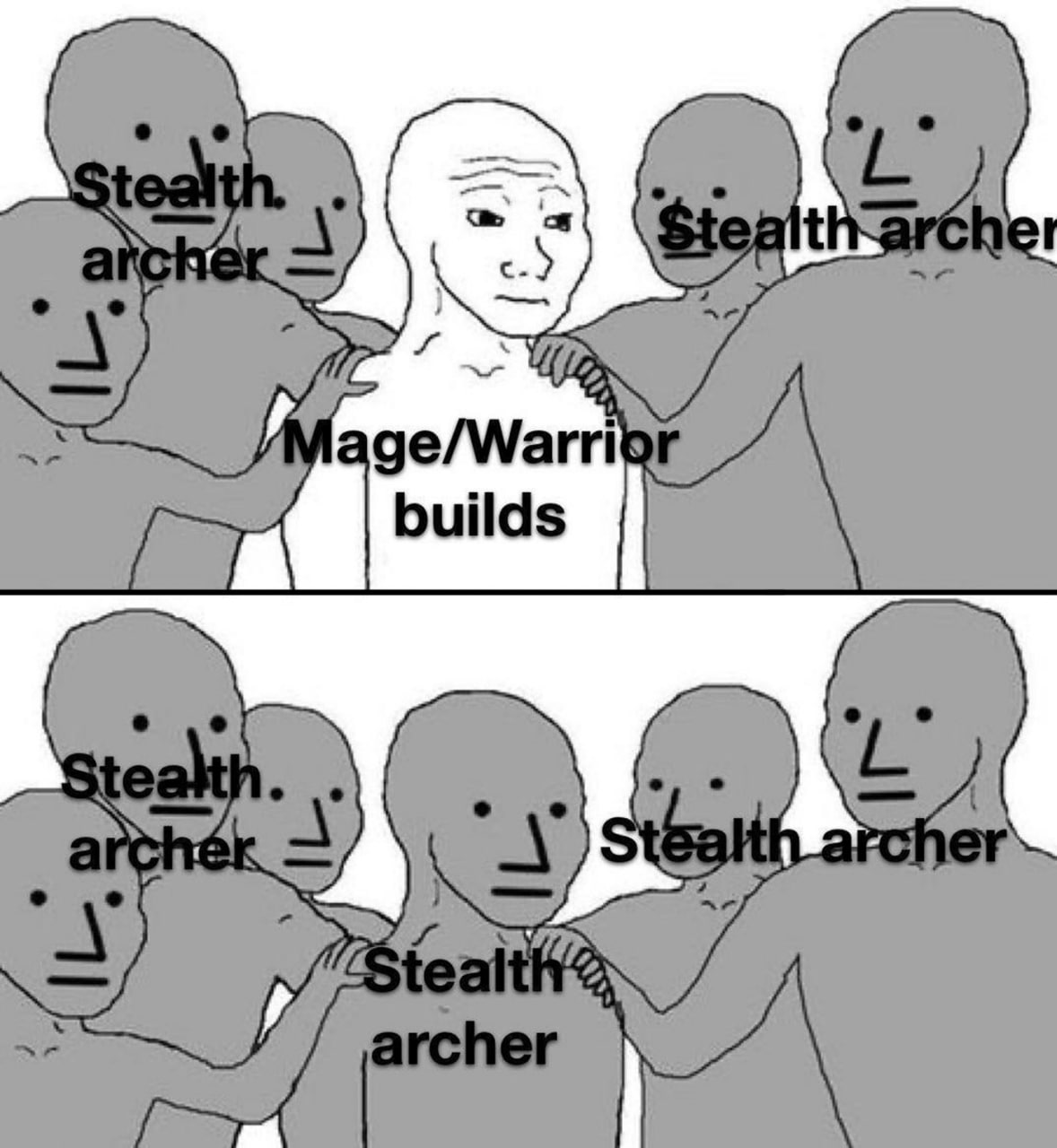Stealth archer Мем про скрытного лучника, окруженного толпой NPC