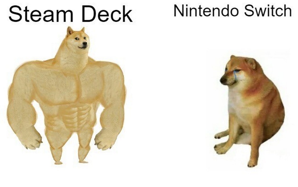 Steam Deck против Nintendo Switch с накаченным Doge Мем, сравнивающий Steam Deck и Nintendo Switch, с изображением накаченного Doge и грустного Cheems