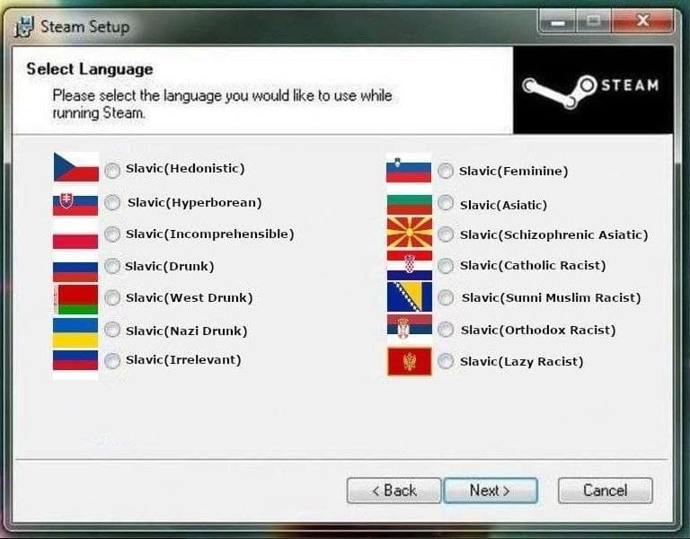 Настройка Steam со славянскими языками Окно настройки Steam с абсурдным списком славянских языков и их характеристиками, включая различные стереотипы и шутки, такие как «Slavic (Drunk)», «Slavic (Nazi Drunk)», «Slavic (Sunni Muslim Racist)» и другие.