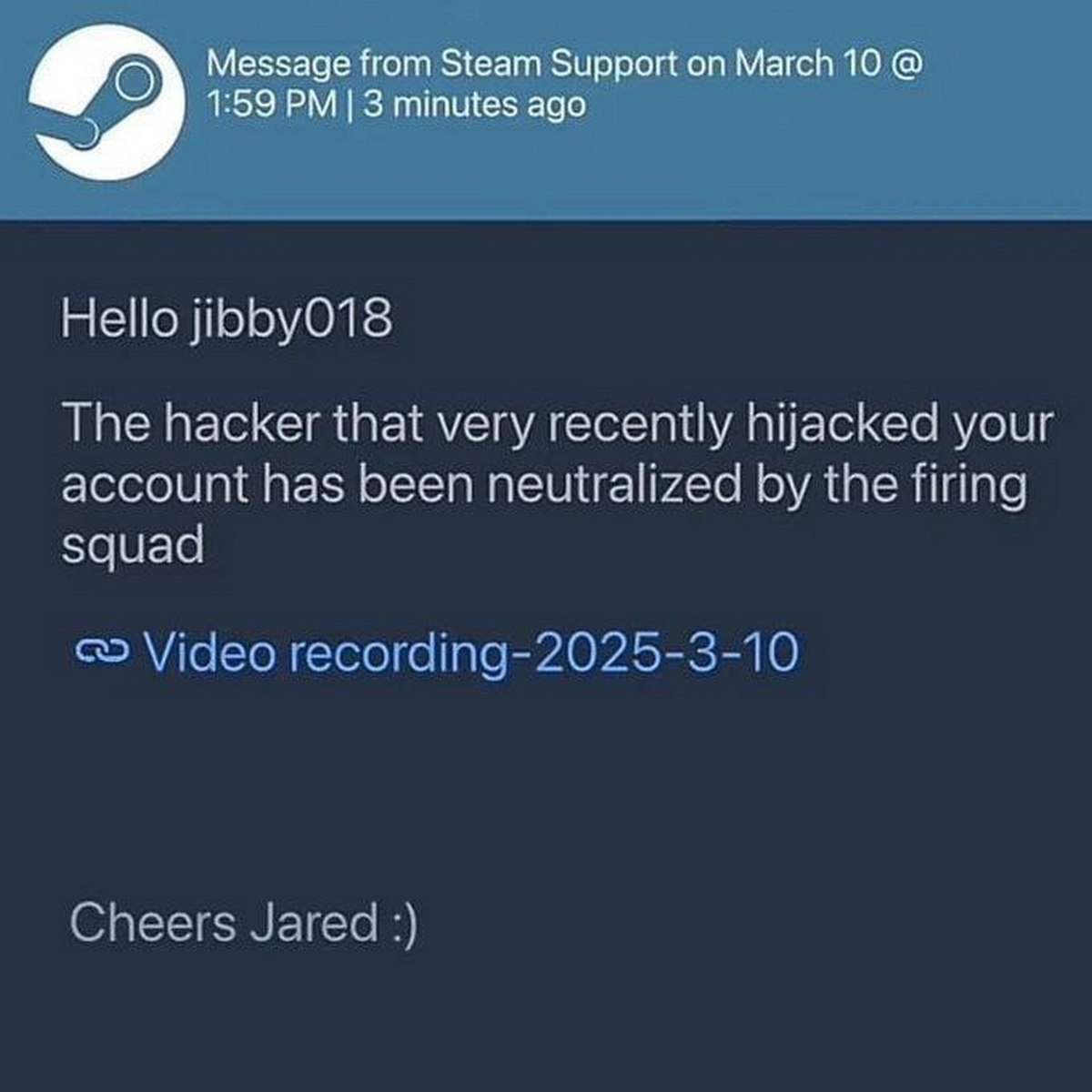 Steam Support hacker neutralized by the firing squad Сообщение от поддержки Steam о нейтрализации хакера расстрельной командой