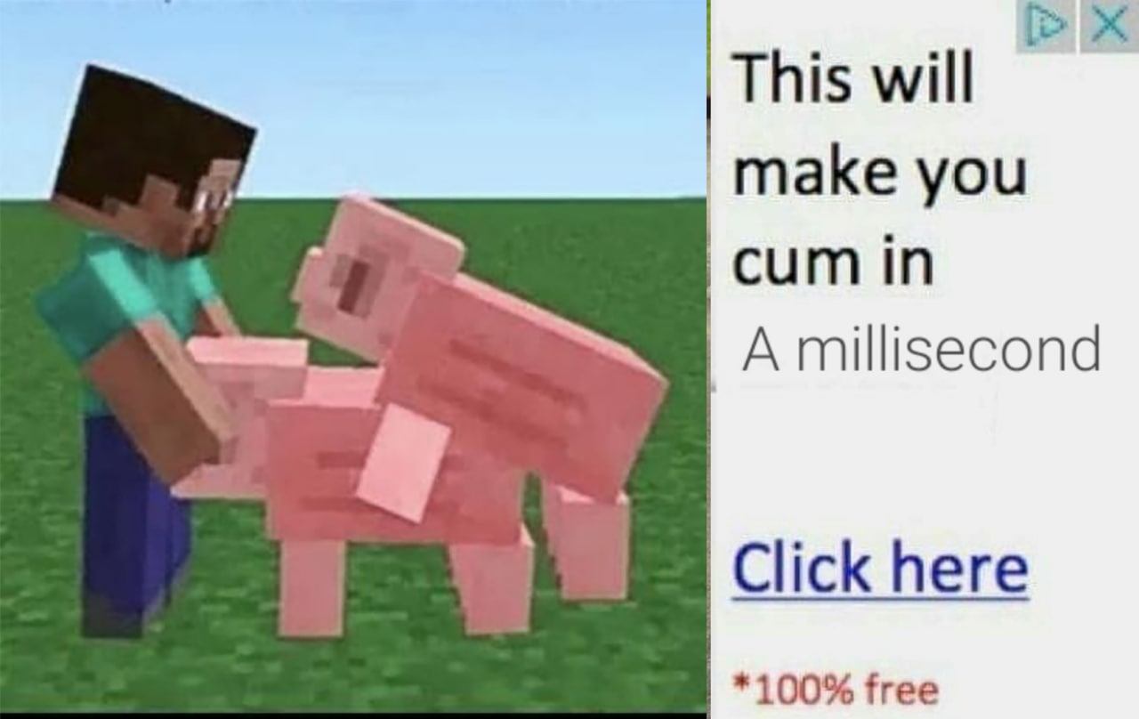 Стив и свинья в Minecraft Мем с изображением Стива из Майнкрафта, который обнимает свинью, с рекламой порно справа