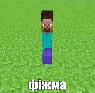 Стив из Майнкрафта фіжма Стив из Майнкрафта с телом из одного пикселя стоит на траве, под ним надпись «фіжма»