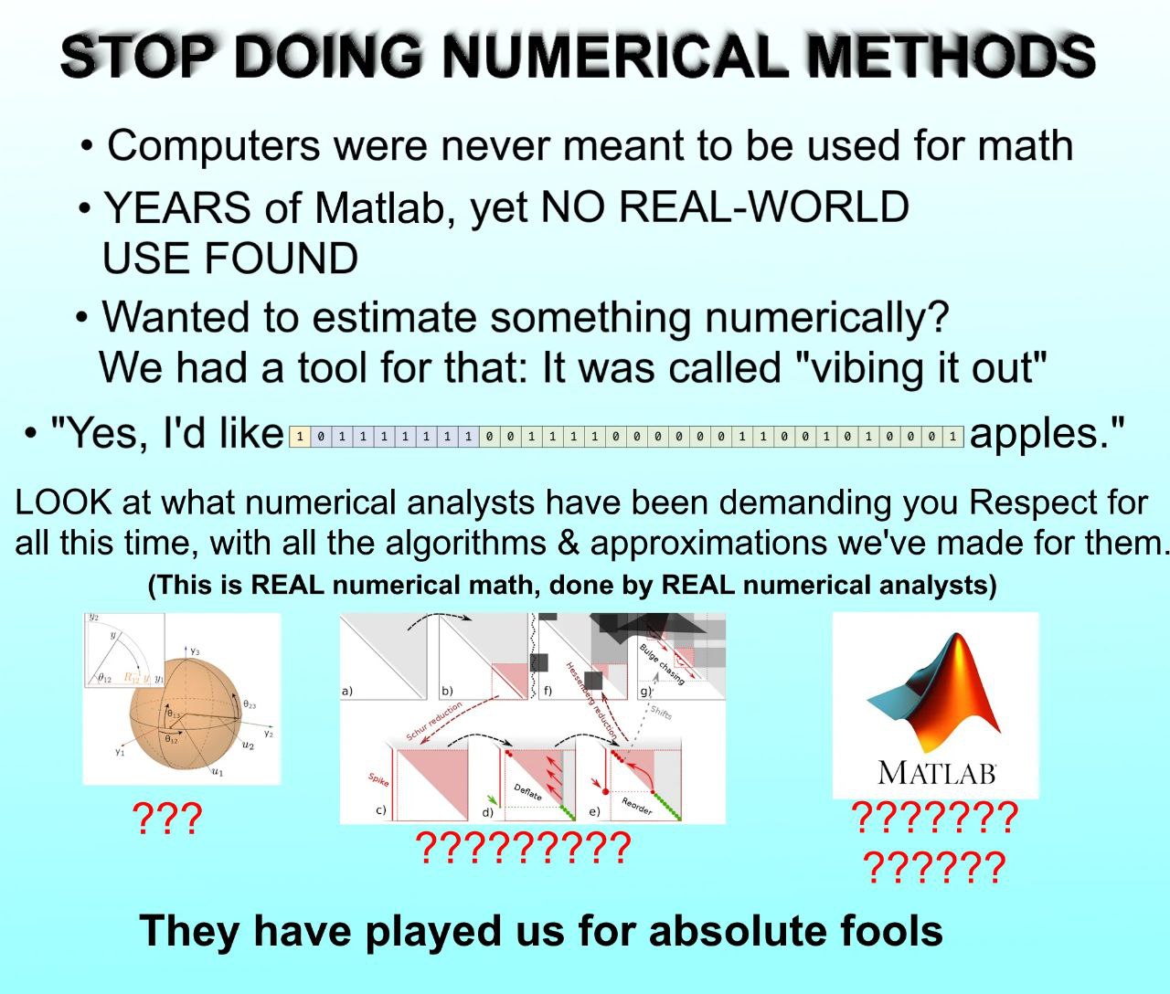 STOP DOING NUMERICAL METHODS Мем, призывающий прекратить использование численных методов, потому что компьютеры не предназначены для математики