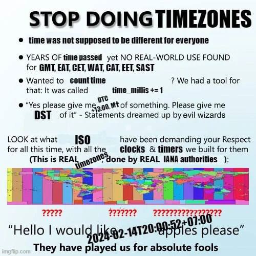 STOP DOING TIMEZONES Мем с текстом "STOP DOING TIMEZONES" о том, что часовые пояса не нужны