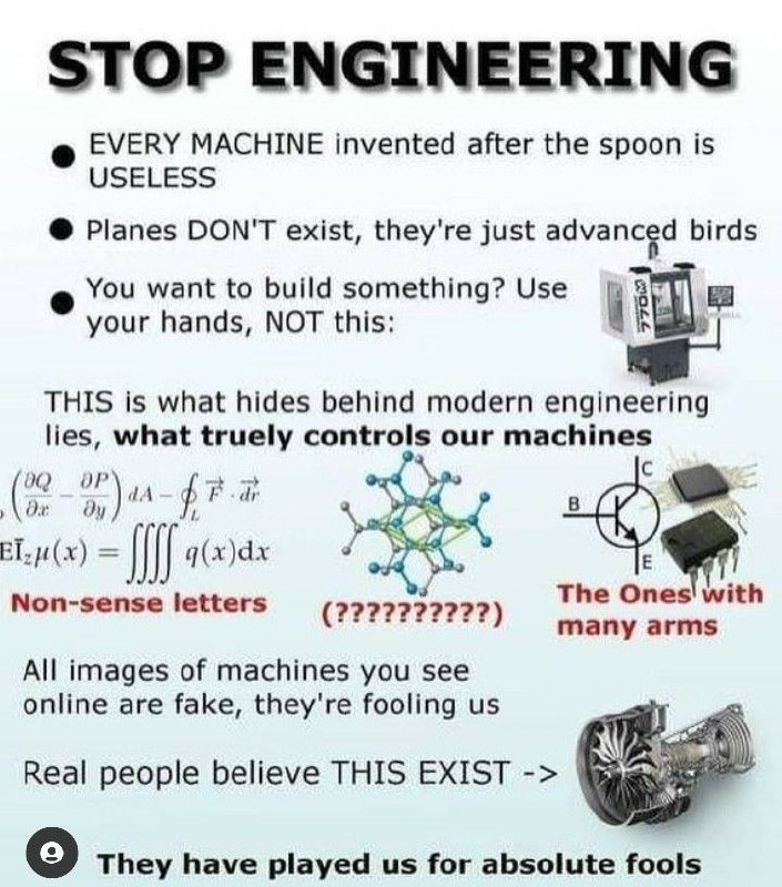 Мем «Хватит инженерии», высмеивающий антинаучные теории заговора.