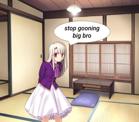 Аниме-девушка в японской комнате говорит: «stop gooning big bro» — «хватит дрочить, братишка»
