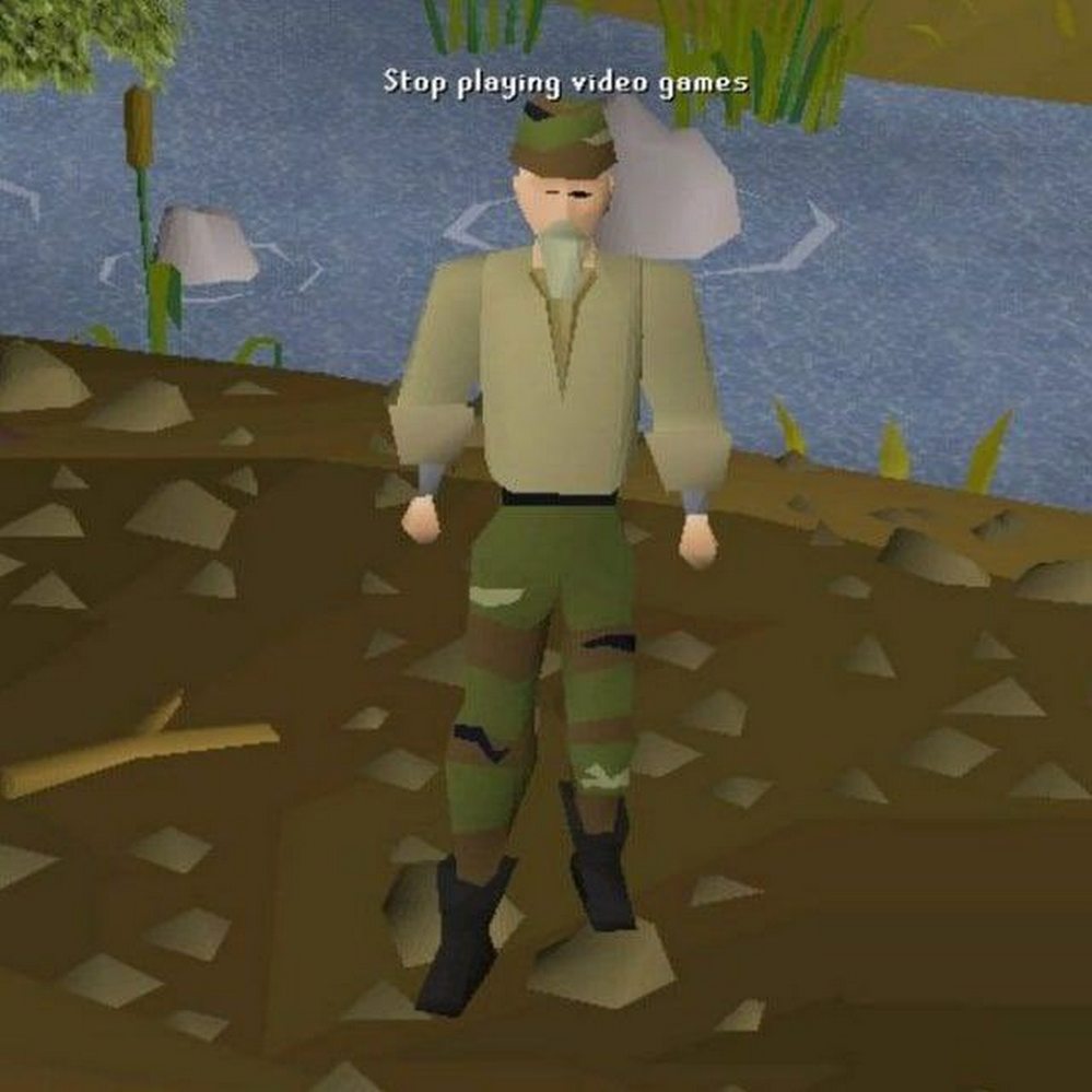 Stop playing video games Мем с персонажем из игры, который стоит на берегу воды и говорит: "Stop playing video games".