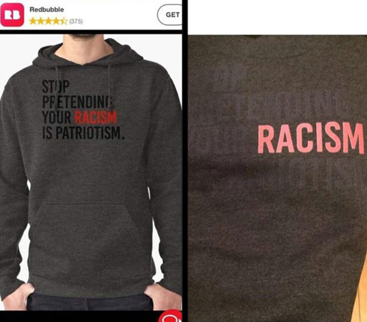Stop pretending your racism is patriotism Пример того, как на онлайн-покупке надпись "Stop pretending your racism is patriotism" оказалась почти полностью невидимой, кроме слова "racism"