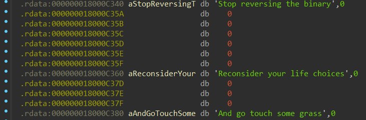 Сообщения в коде: "Прекрати реверсить бинарник", "Пересмотри свой жизненный выбор", "И пойди потрогай траву"
