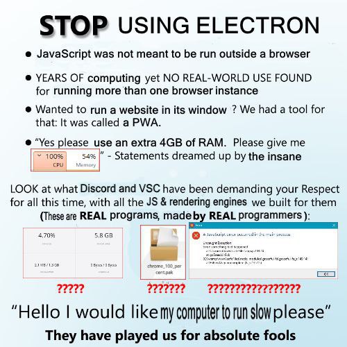 STOP USING ELECTRON Мем с призывом прекратить использовать Electron для разработки приложений