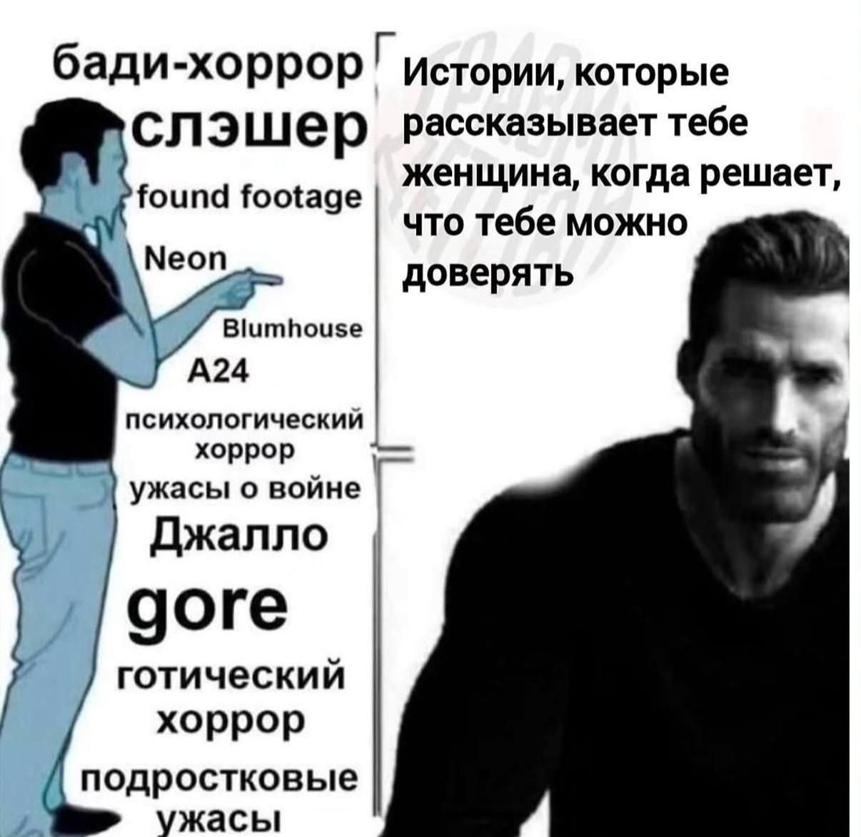 Чед слушает истории, которые женщина рассказывает, когда решает, что ему можно доверять, а слева перечислены разновидности хоррора.