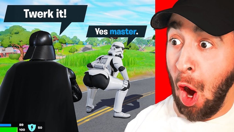 Штурмовик тверк Дарт Вейдер просит штурмовика сделать тверк в Fortnite, а мужчина на переднем плане удивлённо смотрит на это