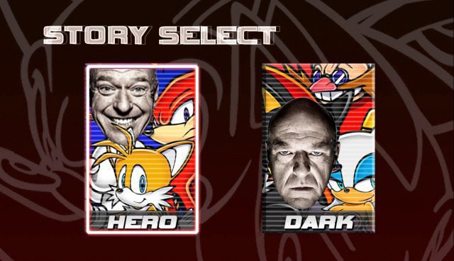 Story Select Hero Dark Sonic Adventure 2 Мем с выбором истории Hero или Dark, в которой на стороне Hero находится улыбающийся дедушка и персонажи Соник, Тейлз, Наклз, а на стороне Dark — злобный дедушка и персонажи Эггман, Шэдоу, Руж.