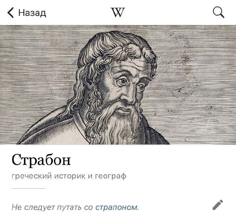 Страбон не путать со страпоном Скриншот страницы из Википедии с изображением греческого историка и географа Страбона и надписью "Не следует путать со страпоном"