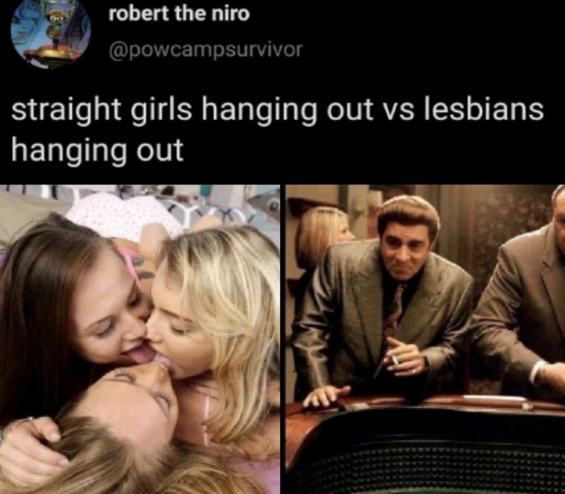 Straight girls hanging out vs lesbians hanging out Мем, где сравнивается, как проводят время гетеросексуальные девушки и лесбиянки: на левой стороне девушки целуются, а на правой мужчины играют в покер.