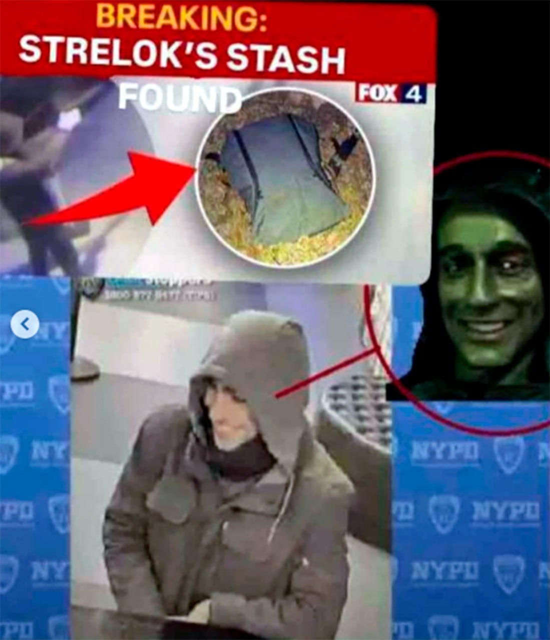 Strelok's stash found Мем с кадром из новостей Fox 4, где показано, что нашли тайник Стрелка, а внизу мужчина в капюшоне, который имеет сходство с человеком-загадкой.