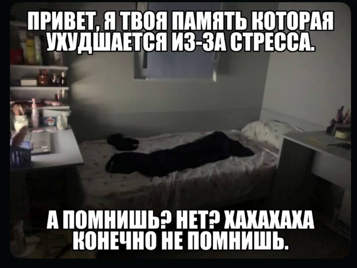 Мем о памяти, которая ухудшается из-за стресса, и смешной забывчивости.