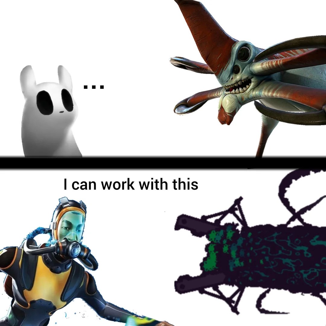 Существо из Rain World встречает огромного левиафана из Subnautica, после чего герой говорит: «I can work with this» — «С этим можно работать».
