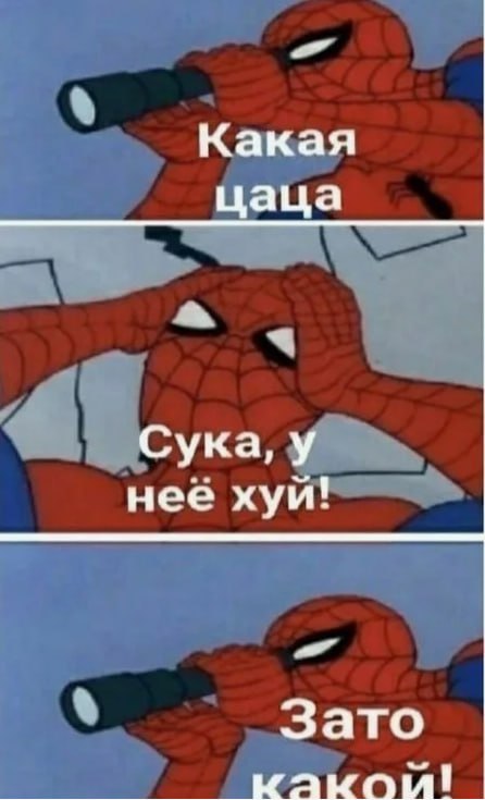 Трёхпанельный мем с Человеком-пауком, который сначала удивляется, потом шокированно восклицает: «Сука, у неё хуй!», а затем добавляет: «Зато какой!»