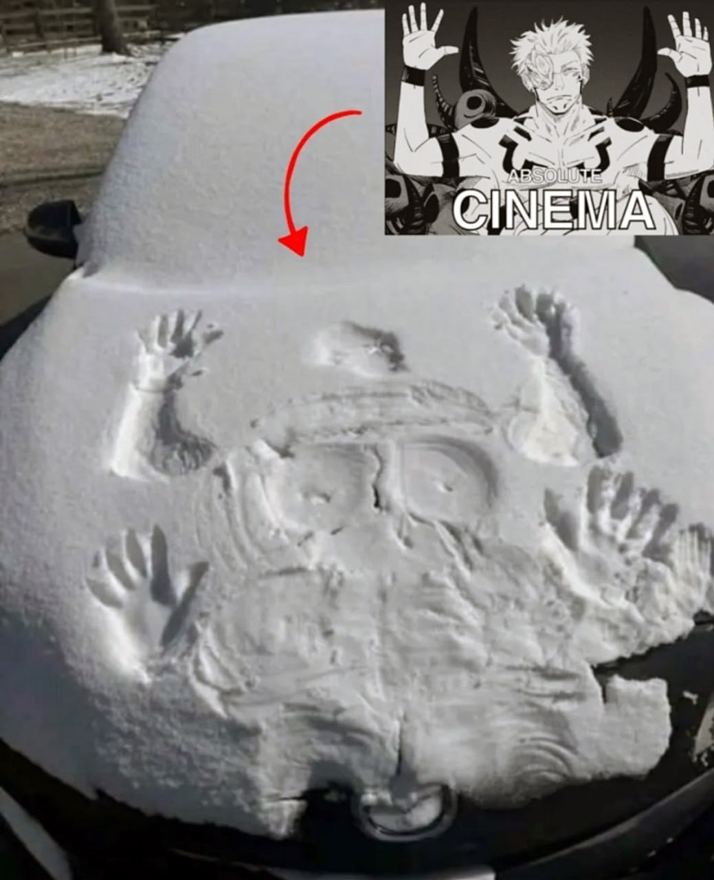 Отпечаток Сукуны в снегу на машине Absolute cinema Мем с отпечатком в снегу на машине, напоминающим Сукуну из аниме "Магическая битва", и надписью Absolute Cinema