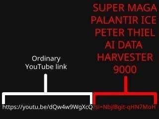Сравнение обычной YouTube-ссылки и подозрительной длинной ссылки с подписью «SUPER MAGA PALANTIR ICE PETER THIEL AI DATA HARVESTER 9000»