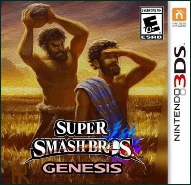 Пародийная обложка Super Smash Bros. Genesis для Nintendo 3DS с двумя мужчинами из библейской сцены в поле.
