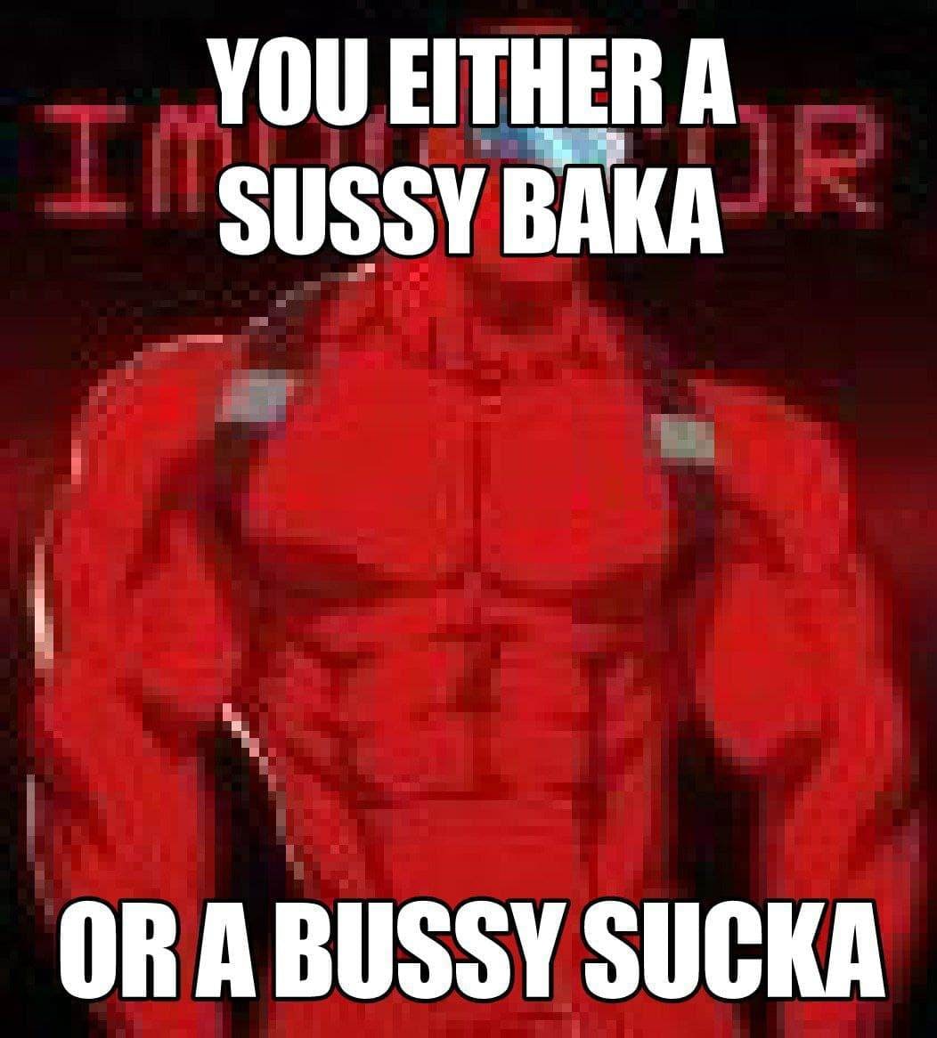 Мем с накачанным красным Амогусом и фразой "You either a sussy baka or a bussy sucka" Мем с красным накачанным персонажем из игры Among Us, который говорит: "You either a sussy baka or a bussy sucka".