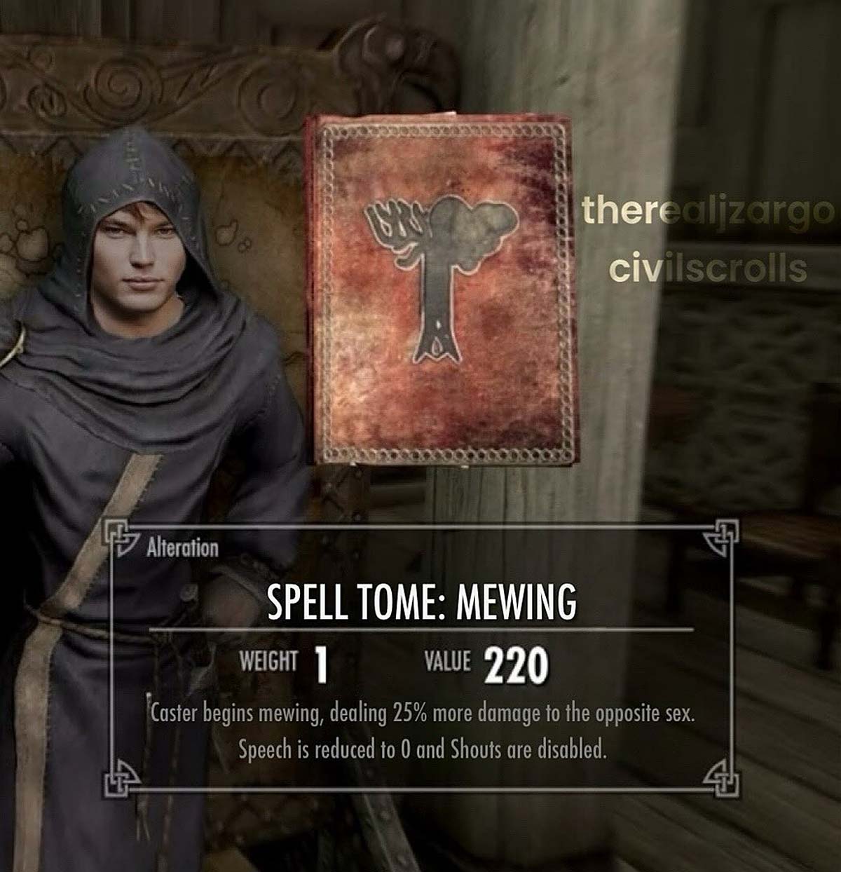 Свиток заклинаний Mewing из Skyrim Мем со свитком Mewing из игры The Elder Scrolls V: Skyrim. На свитке описано заклинание, которое заставляет персонажа издавать звуки «мяуканья», наносящие 25% больше урона противоположному полу, а также уменьшает значение красноречия до 0 и отключает крики.