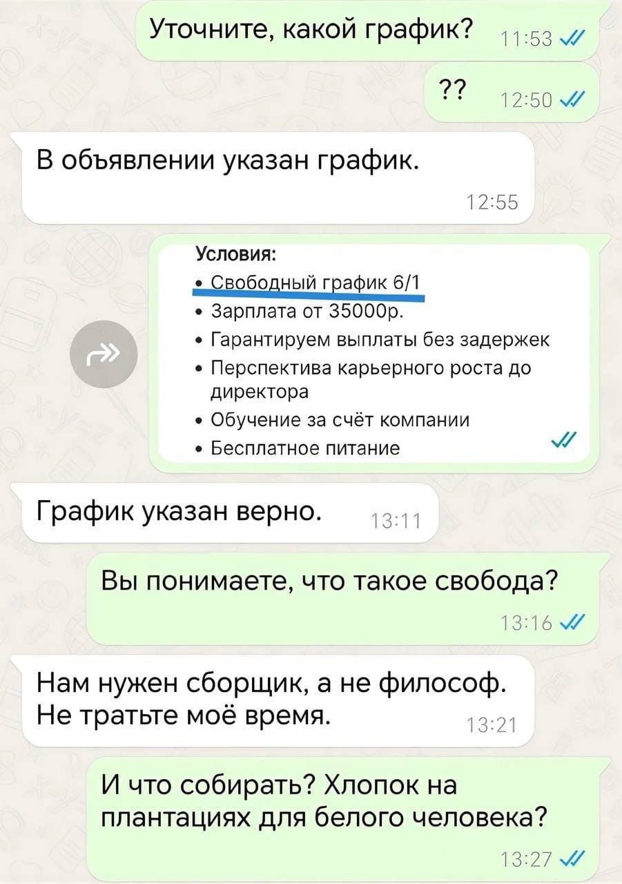 Свободный график 6/1. Хлопок на плантациях для белого человека Переписка между работодателем и соискателем, в которой обсуждается «свободный график 6/1» и другие условия работы.