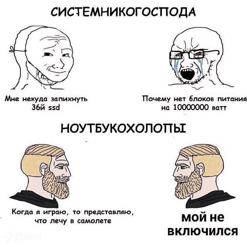 Мем, сравнивающий проблемы владельцев стационарных ПК и ноутбуков, с персонажами Wojak и Chad.