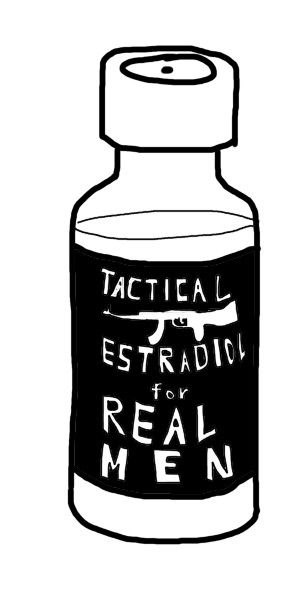 Рисунок бутылочки с надписью Tactical Estradiol for Real Men на чёрной этикетке.