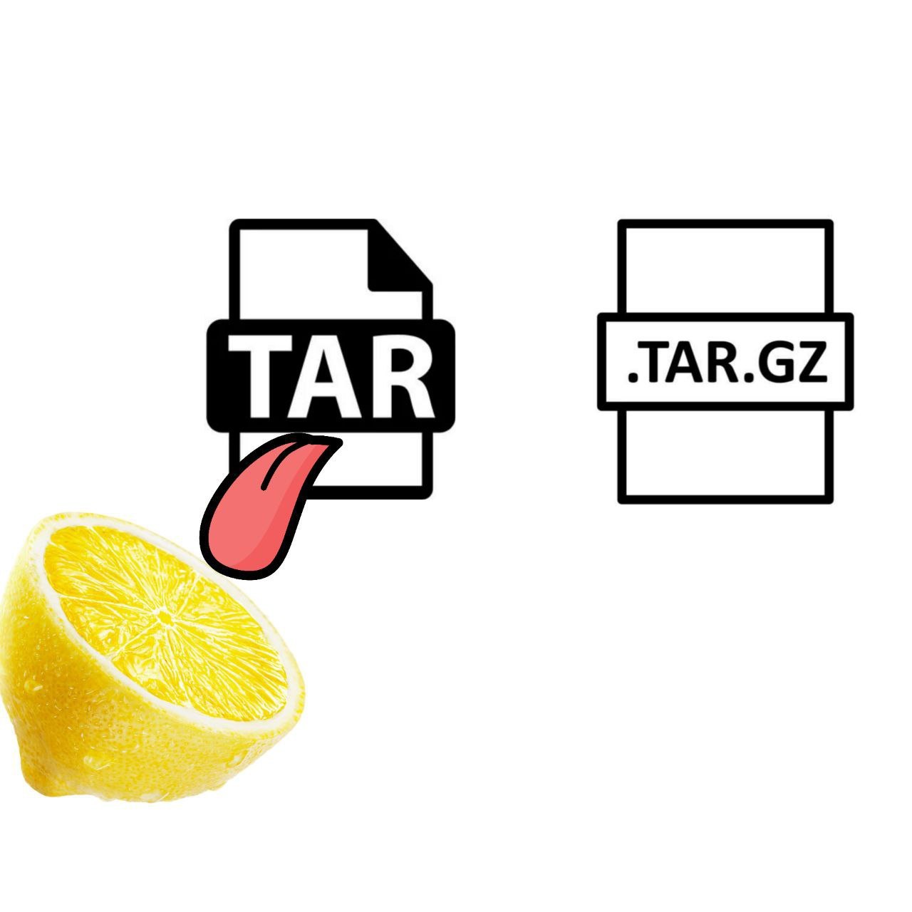 Шуточное сравнение архивов TAR и .TAR.GZ: слева файл TAR с языком и лимоном, справа архив .TAR.GZ.