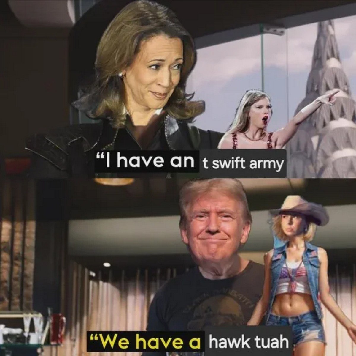 I have an T Swift army Камала Харрис, Тейлор Свифт и Дональд Трамп с девушкой в ковбойском наряде