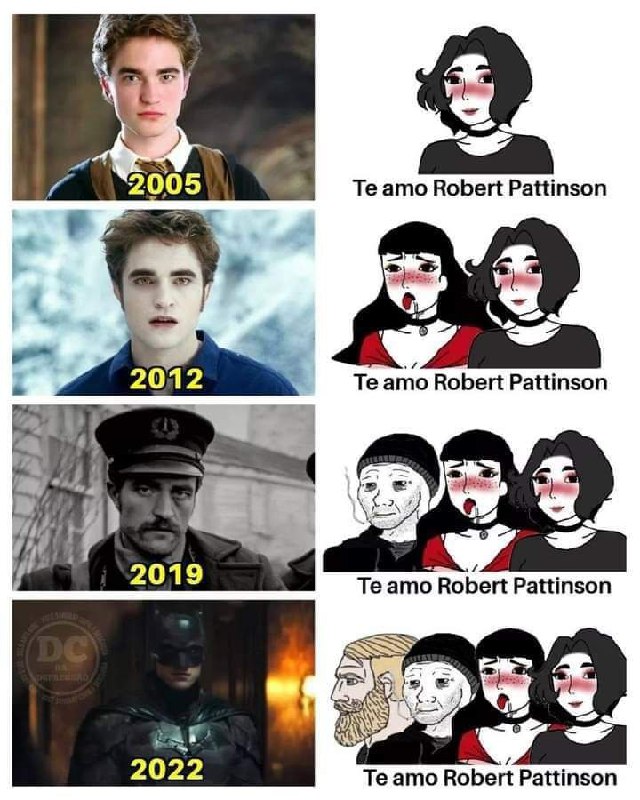 Te amo Robert Pattinson Мем, демонстрирующий, как женская и мужская аудитория Роберта Паттинсона менялась на протяжении многих лет, начиная с 2005 года до 2022 года, с фразой «Te amo Robert Pattinson»