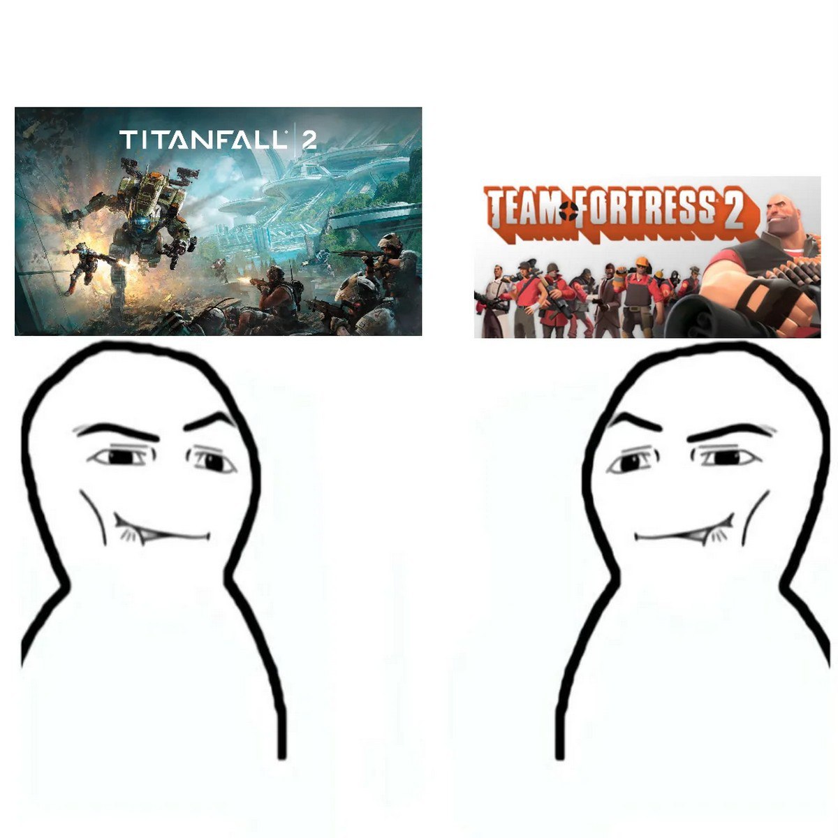 Team Fortress 2 и Titanfall 2 Мем с двумя играми Team Fortress 2 и Titanfall 2 и двумя похожими людьми, которые довольны выбором игр.