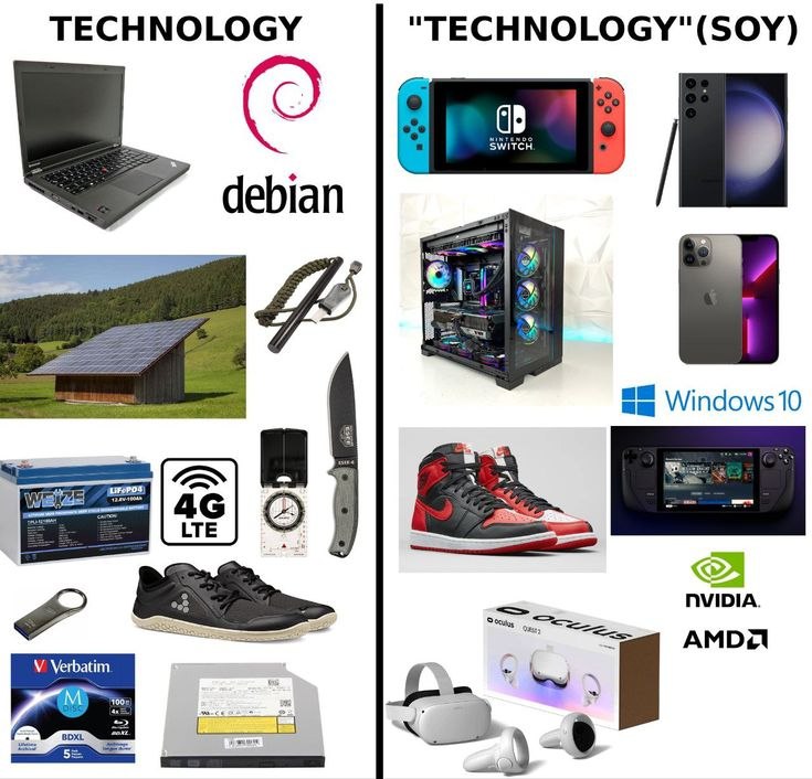 Мем, сравнивающий практичные технологии с популярными потребительскими гаджетами