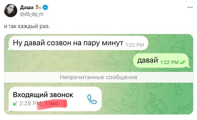 Телефонный разговор на 1 час Скриншот переписки в телеграме, где пользователь сначала договаривается на "созвон на пару минут", а потом ему приходит входящий звонок длительностью в 1 час, с подписью "и так каждый раз".