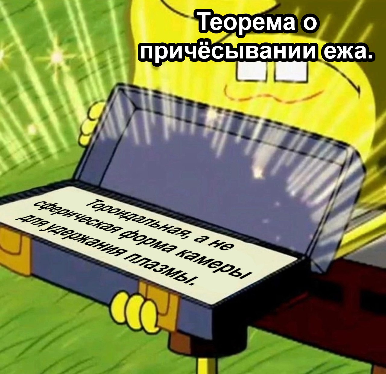 Теорема о причёсывании ежа Губка Боб достаёт бумажку с надписью: "Тороидальная, а не сферическая форма камеры для удержания плазмы", пока сверху написано: "Теорема о причёсывании ежа"