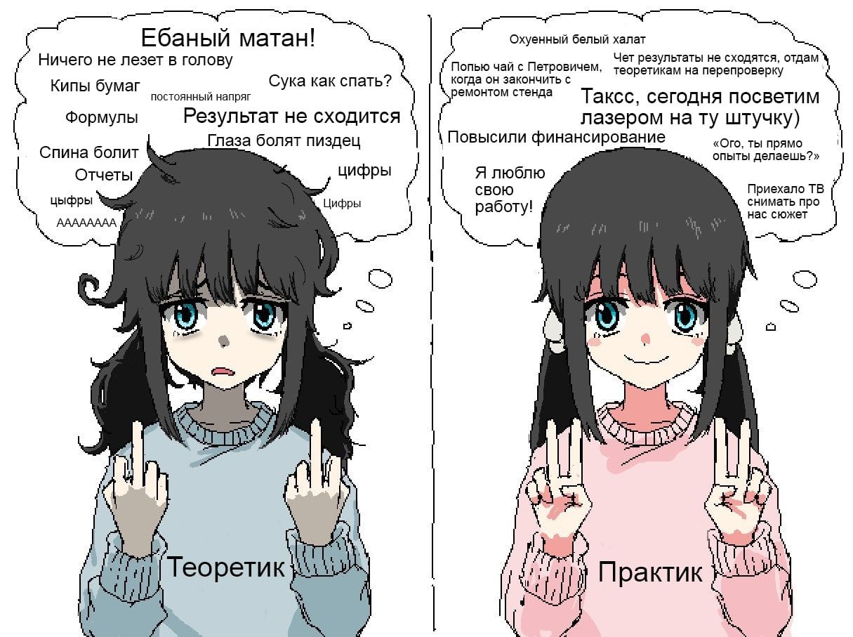 Теоретик и практик Сравнение жизни теоретика и практика в меме с двумя аниме-девушками